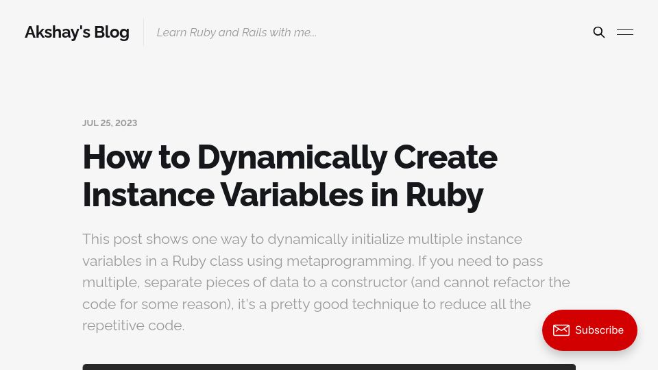 Screenshot of akshaykhot.com: How to Dynamically Create Instance Variables in Ruby