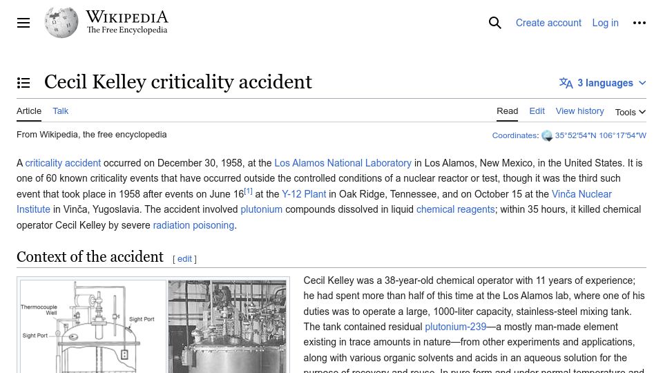 Screenshot of en.wikipedia.org: Cecil Kelley criticality accident
