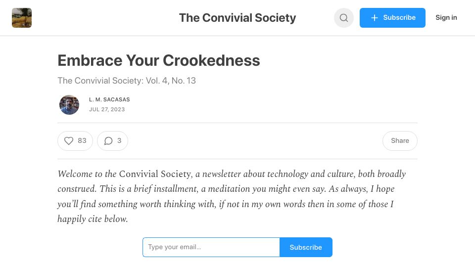 Screenshot of theconvivialsociety.substack.com: Out of the crooked timber of humanity, no straight thing was ever made