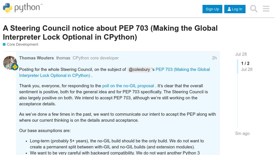 Screenshot of discuss.python.org: Intent to approve PEP 703: making the GIL optional