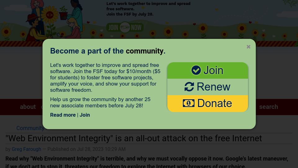 Screenshot of fsf.org: “Web Environment Integrity” is an attack on the free Internet