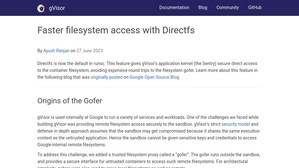 Screenshot of gvisor.dev: Faster filesystem access with Directfs