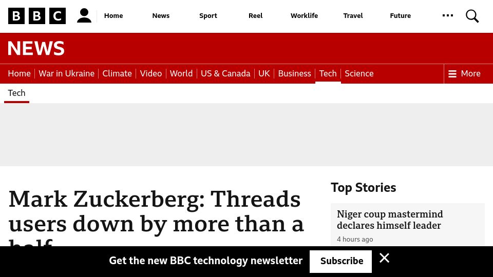 Screenshot of bbc.com: Threads users down by more than a half