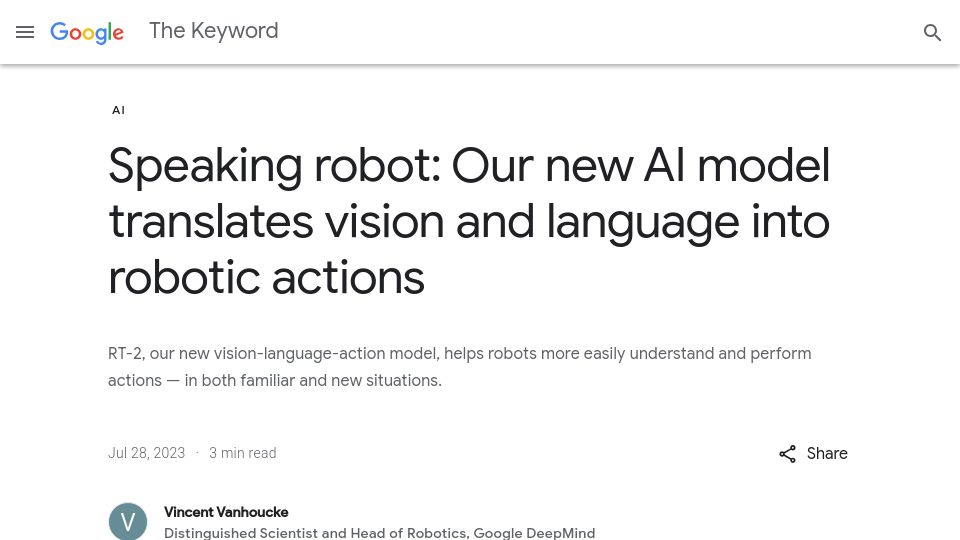 Screenshot of blog.google: RT-2 AI model translates vision and language into robotic actions