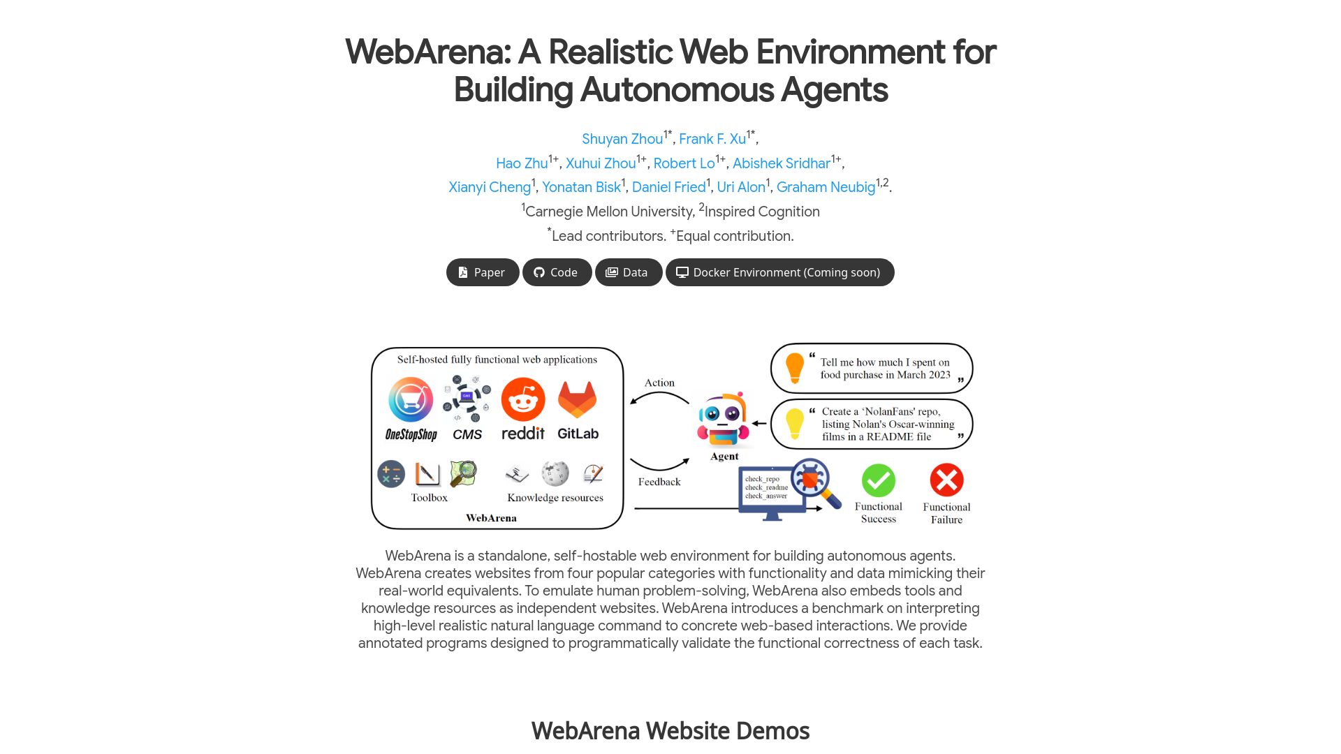 Screenshot of webarena.dev: WebArena: A realistic web environment for building autonomous agents