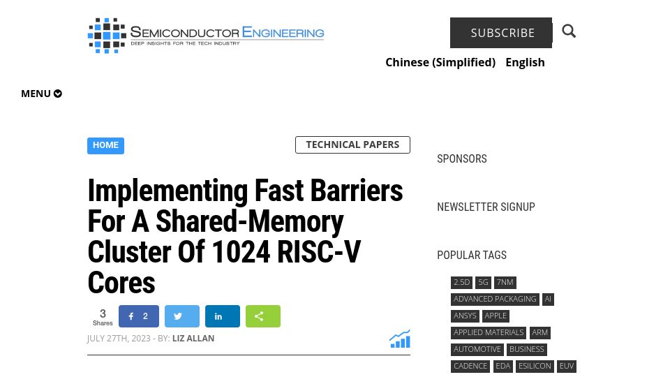 Screenshot of semiengineering.com: Implementing Fast Barriers for a Shared-Memory Cluster of 1024 RISC-V Cores