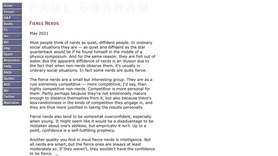 Screenshot of paulgraham.com: Fierce Nerds