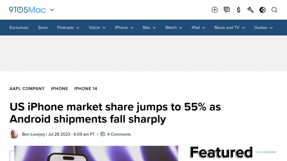 Screenshot of counterpointresearch.com: US smartphone shipments fall sharply, but Android more than iPhone