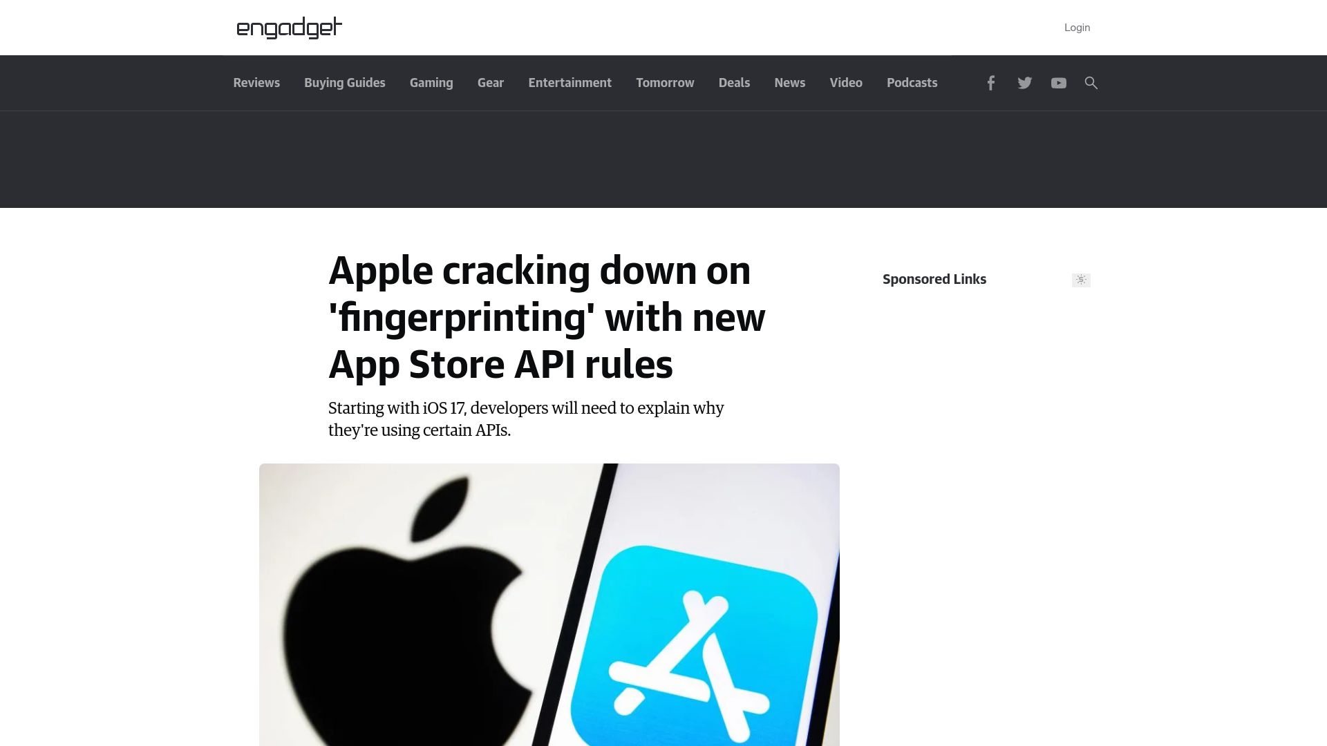 Screenshot of engadget.com: Apple cracking down on 'fingerprinting' with new App Store API rules