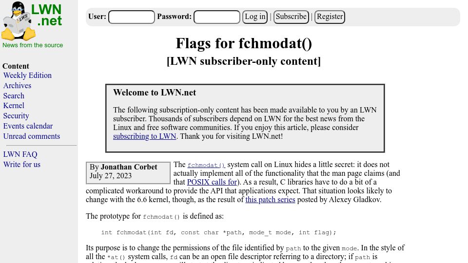 Screenshot of lwn.net: Flags for fchmodat()