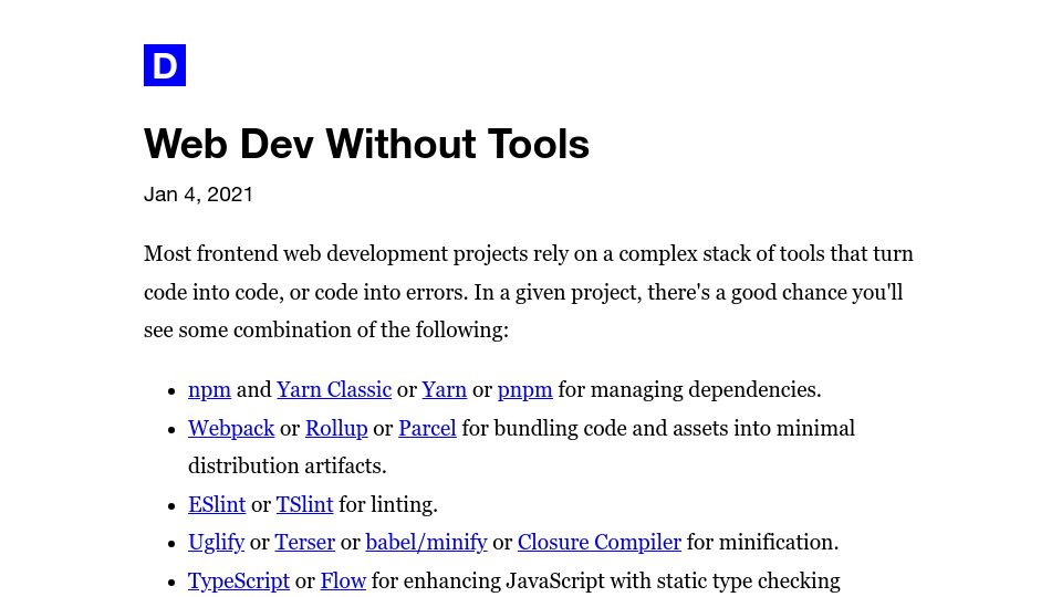 Screenshot of danthedev.com: Web Dev Without Tools (2021)