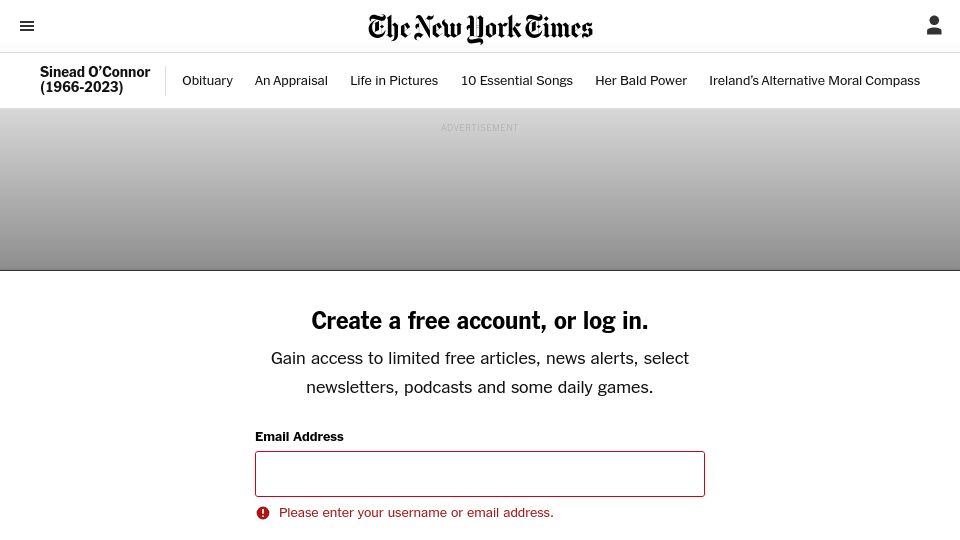 Screenshot of nytimes.com: Sinead O’Connor Condemned Church Abuse Early. America Didn’t Listen