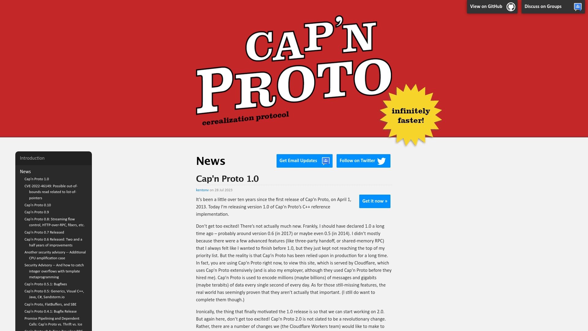 Screenshot of capnproto.org: Cap'n Proto 1.0