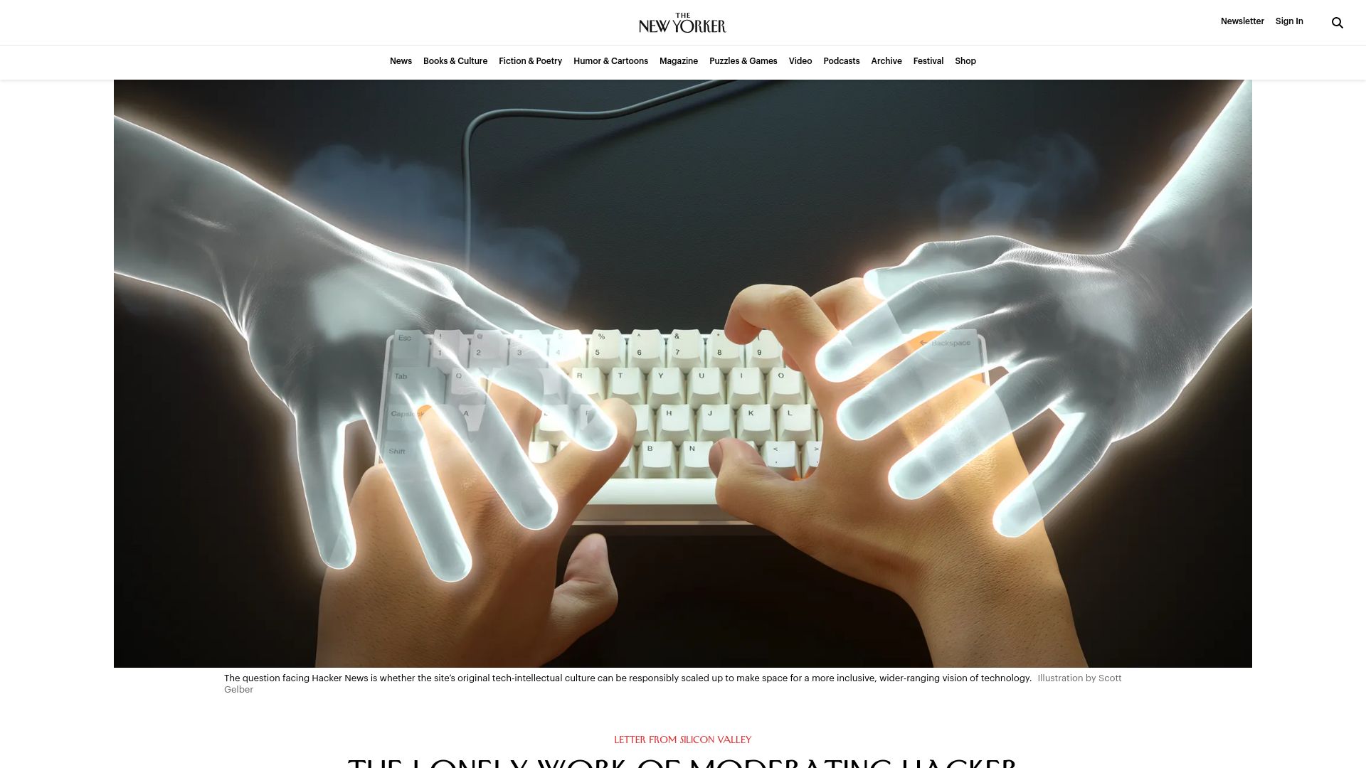 Screenshot of newyorker.com: The Lonely Work of Moderating Hacker News (2019)