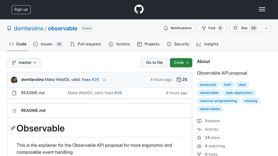 Screenshot of github.com: Observable API Proposal
