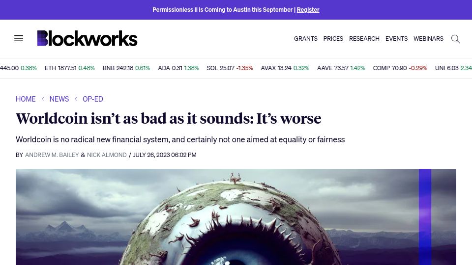 Screenshot of blockworks.co: Worldcoin isn’t as bad as it sounds: It’s worse
