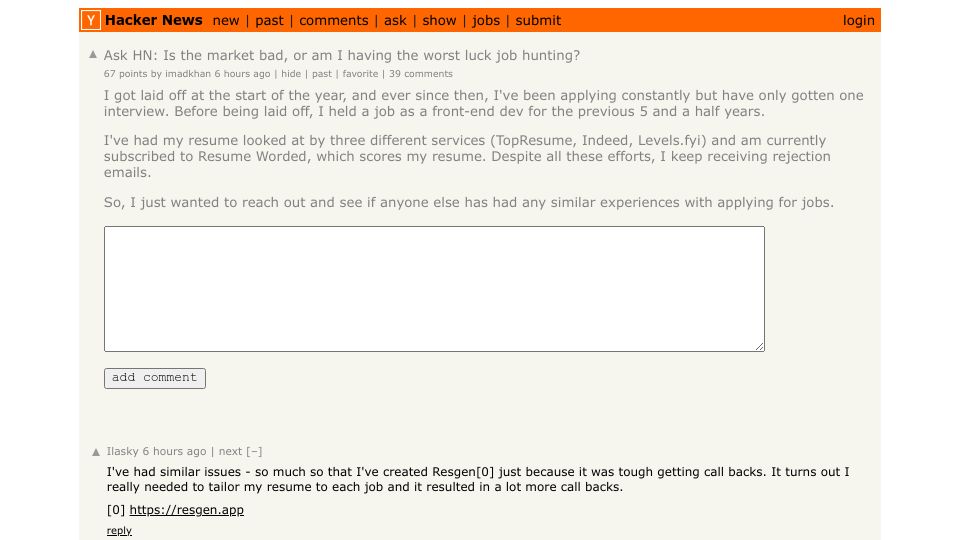 Screenshot of Hacker News post: Ask HN: Is the market bad, or am I having the worst luck job hunting?