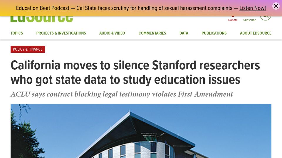 Screenshot of edsource.org: California moves to silence Stanford researchers who got data to study education