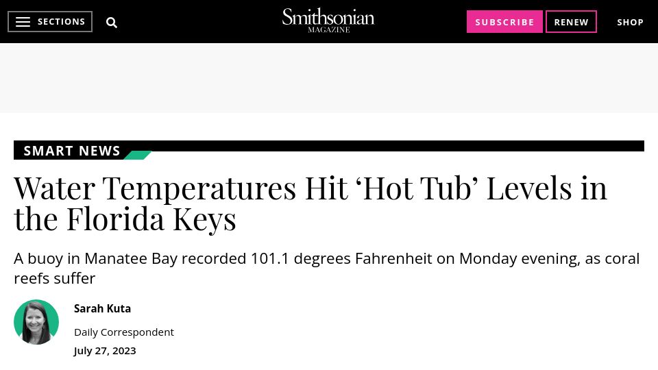 Screenshot of smithsonianmag.com: Water Temperatures Hit ‘Hot Tub’ Levels in the Florida Keys