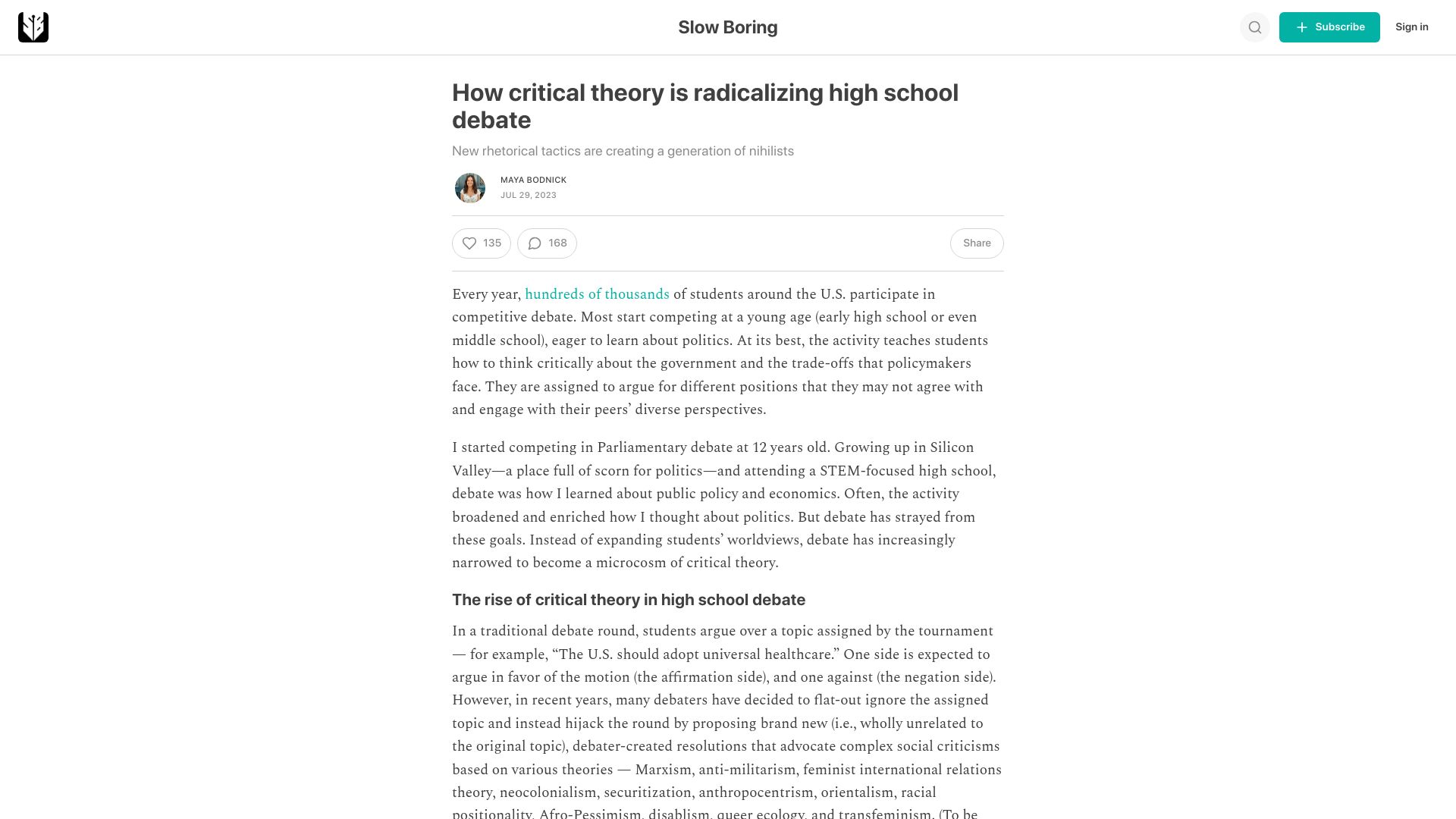 Screenshot of slowboring.com: Critical theory is radicalizing high school debate
