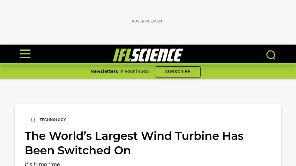Screenshot of iflscience.com: The world’s largest wind turbine has been switched on