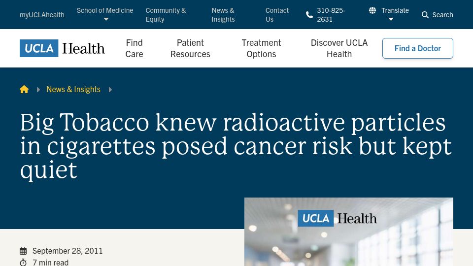 Screenshot of uclahealth.org: Big Tobacco knew radioactive Po210 in cigarettes posed cancer risk, kept quiet