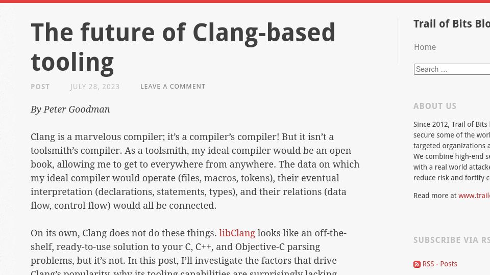 Screenshot of blog.trailofbits.com: The future of Clang-based tooling
