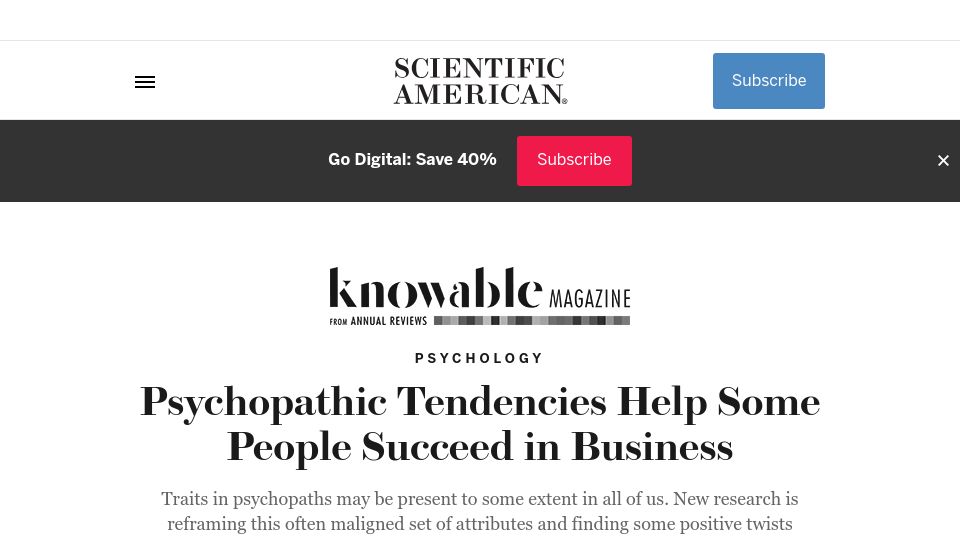 Screenshot of scientificamerican.com: Psychopathic Tendencies Help Some People Succeed in Business