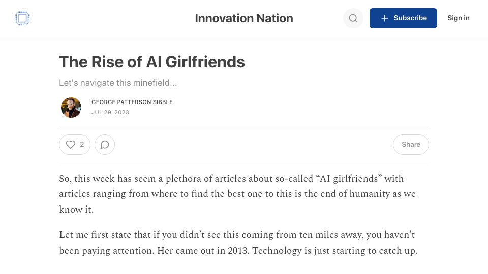 Screenshot of innovationnation.blog: The Rise of AI Girlfriends