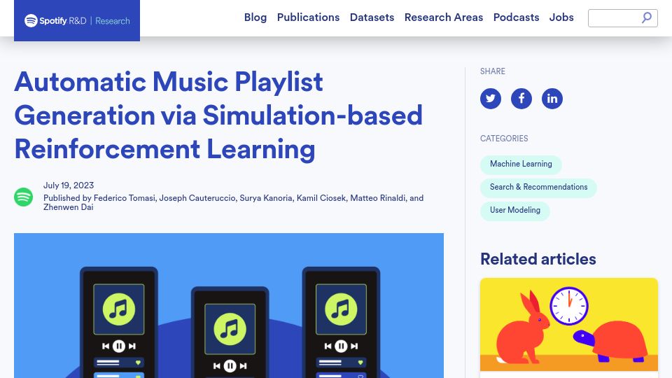 Screenshot of research.atspotify.com: Automatic music playlist generation via simulation-based reinforcement learning
