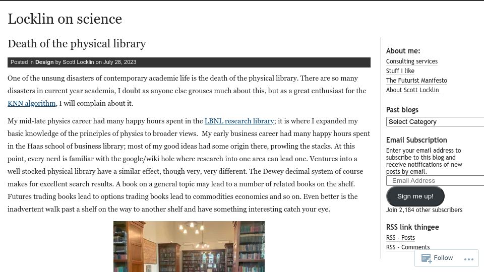 Screenshot of scottlocklin.wordpress.com: Death of the physical library