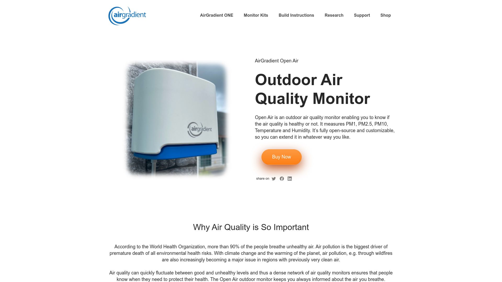 Screenshot of airgradient.com: Open Source Outdoor Air Quality Monitor
