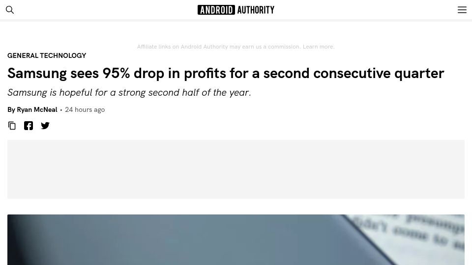 Screenshot of androidauthority.com: Samsung sees 95% drop in profits for a second consecutive quarter