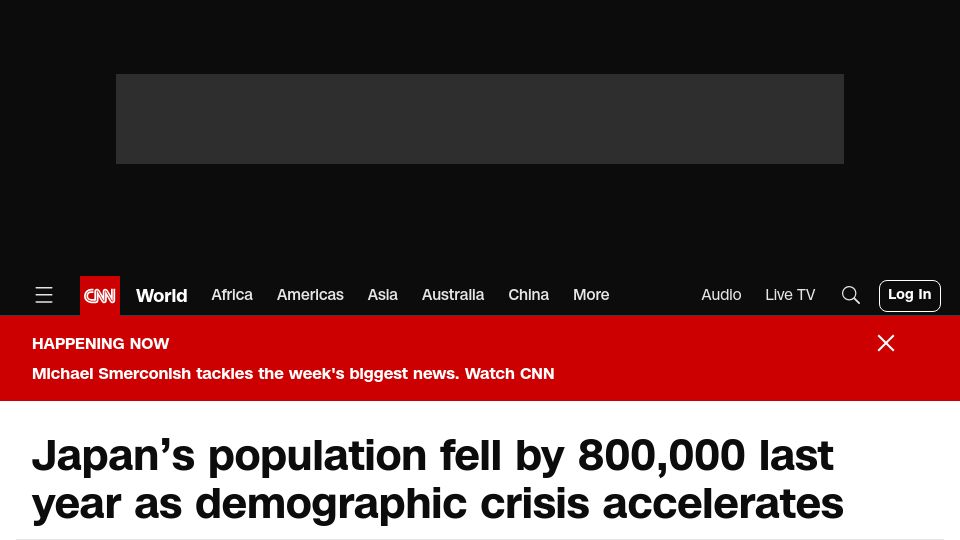 Screenshot of cnn.com: Japan’s population fell by 800k last year as demographic crisis accelerates