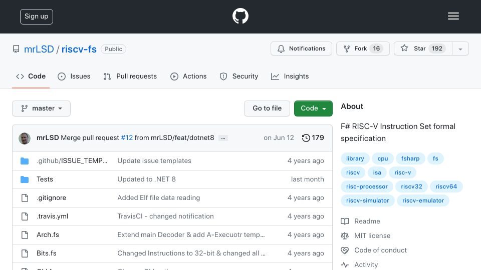 Screenshot of github.com: F# RISC-V Instruction Set formal specification