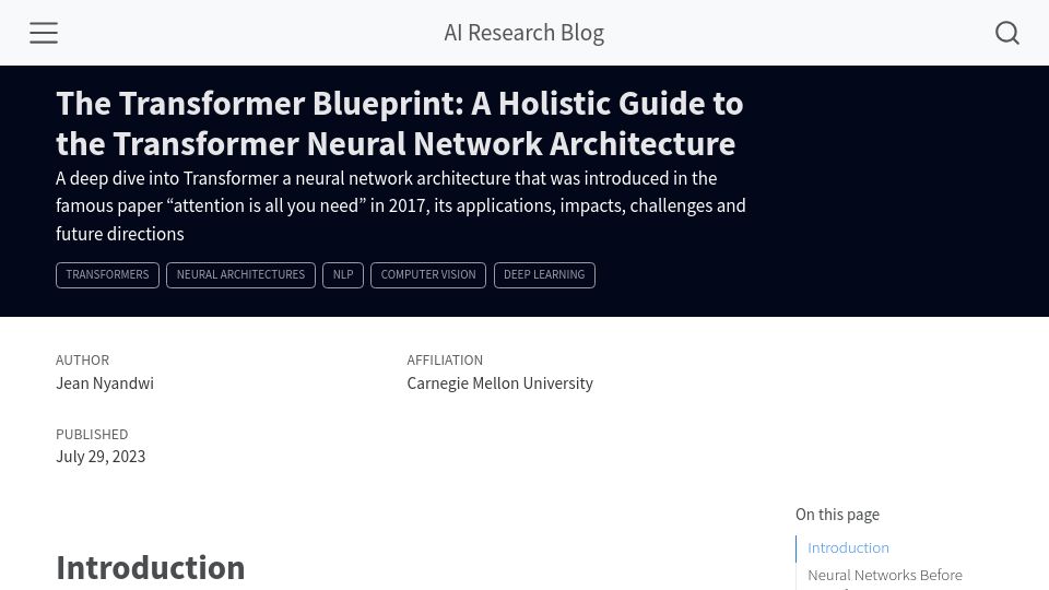 Screenshot of deeprevision.github.io: The Transformer Blueprint