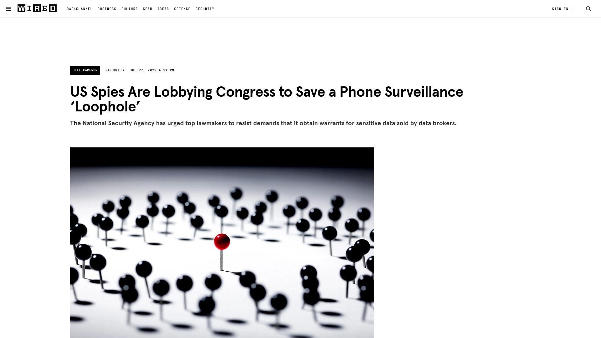 Screenshot of wired.com: US Spies Are Lobbying Congress to Save a Phone Surveillance ‘Loophole’