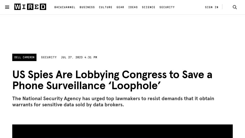 Screenshot of wired.com: US Spies Are Lobbying Congress to Save a Phone Surveillance ‘Loophole’