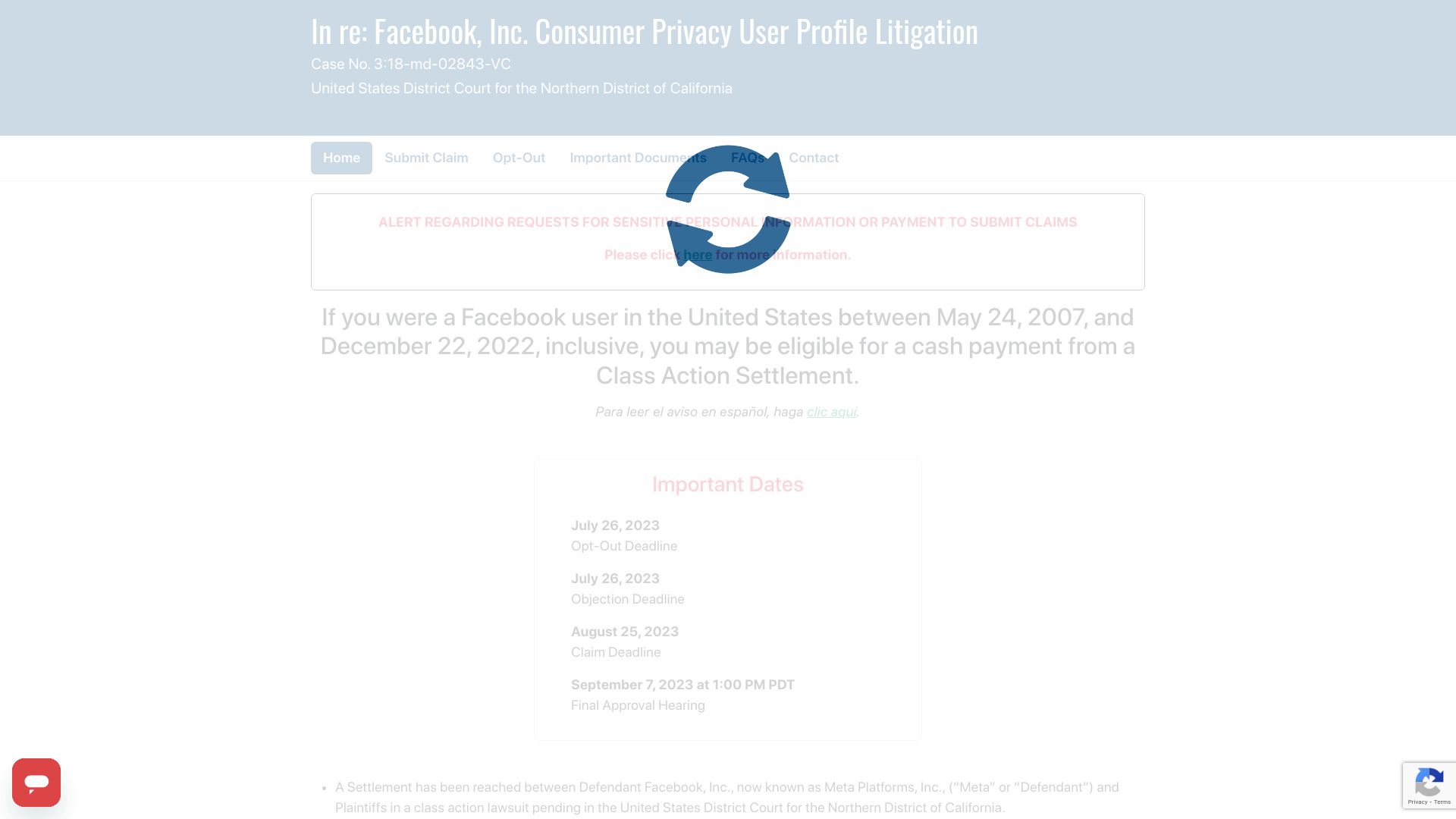 Screenshot of facebookuserprivacysettlement.com: Facebook users have less than a month to claim a piece of the $725M settlement