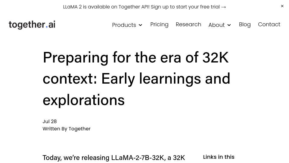 Screenshot of together.ai: Llama 32K Context Released by Together AI