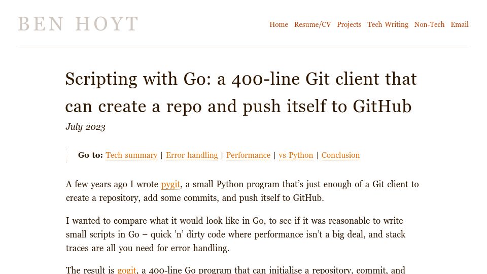 Screenshot of benhoyt.com: Show HN: Gogit – Just enough Git (in Go) to push itself to GitHub