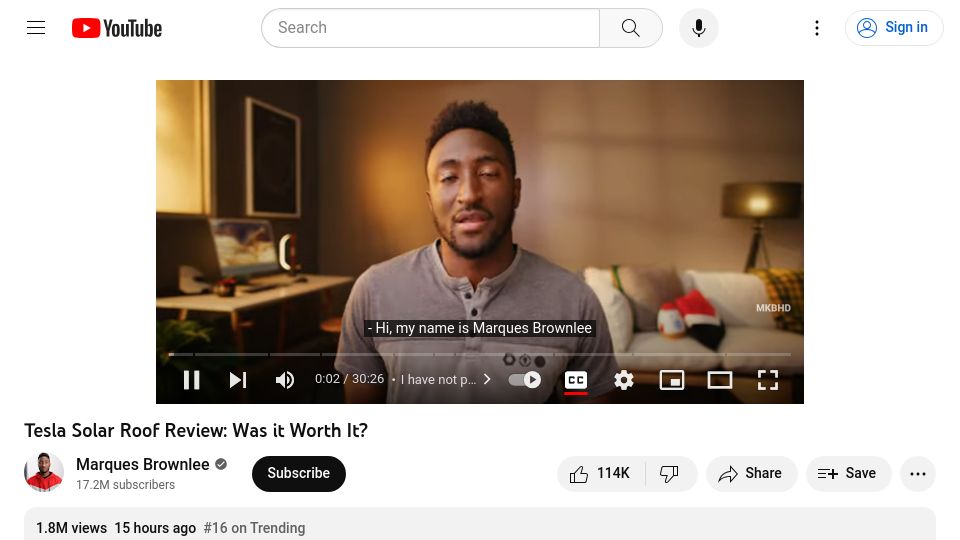 Screenshot of youtube.com: Not paying electricity for an entire year with Tesla Solar Roof [video]