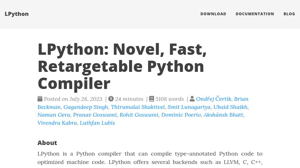 Screenshot of lpython.org: LPython: Novel, Fast, Retargetable Python Compiler