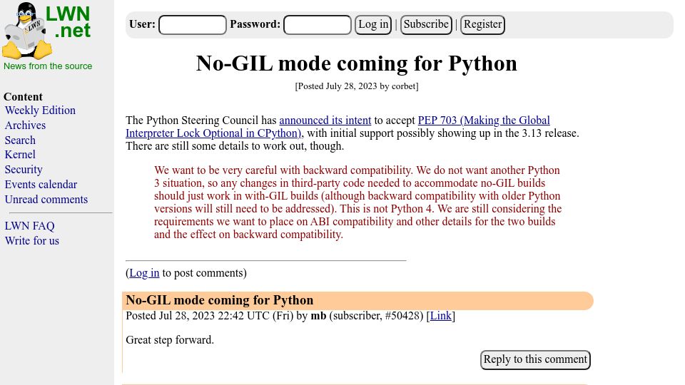Screenshot of lwn.net: No-GIL mode coming for Python