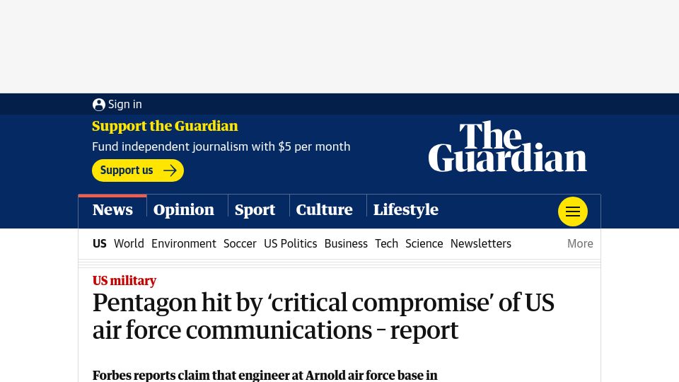 Screenshot of theguardian.com: Pentagon hit by ‘critical compromise’ of US Air Force communications – report