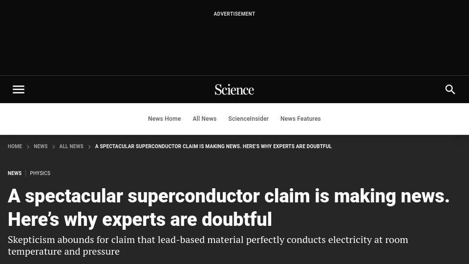 Screenshot of science.org: Argonne National Lab is attempting to replicate LK-99