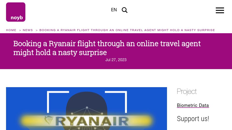 Screenshot of noyb.eu: Booking a Ryanair flight via an online travel agent might hold a nasty surprise