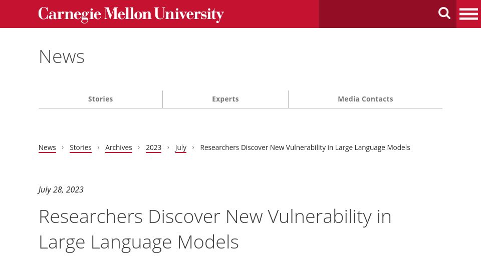 Screenshot of llm-attacks.org: Universal and transferable adversarial attacks on aligned language models