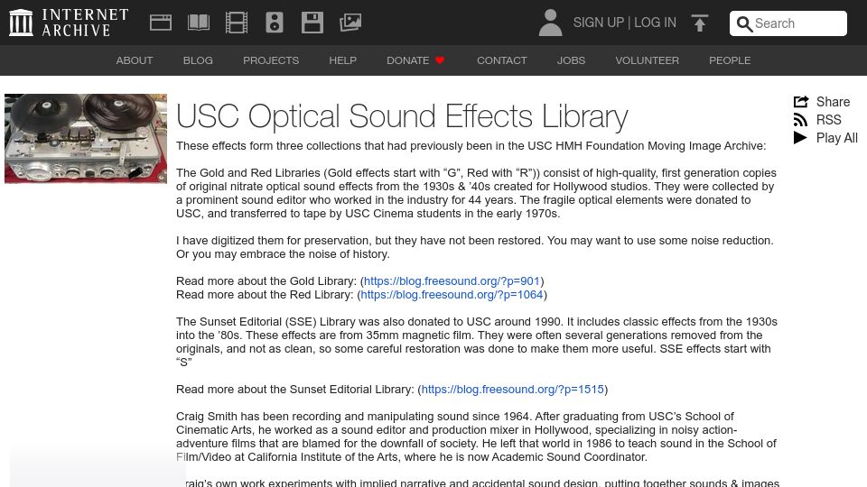 Screenshot of archive.org: USC Optical Sound Effects Library