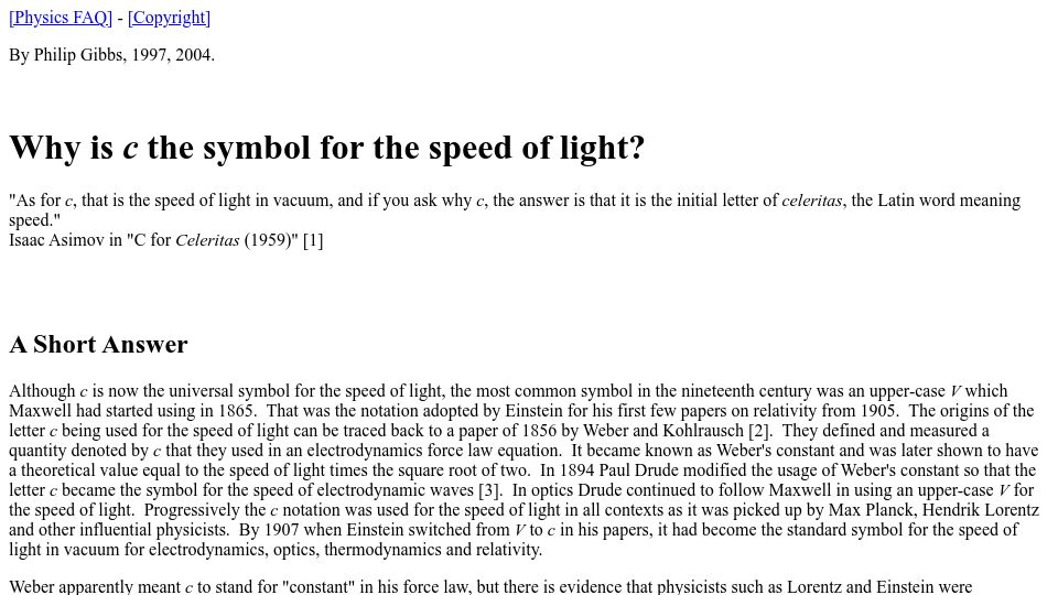 Screenshot of math.ucr.edu: Why is c the symbol for the speed of light? (1997)